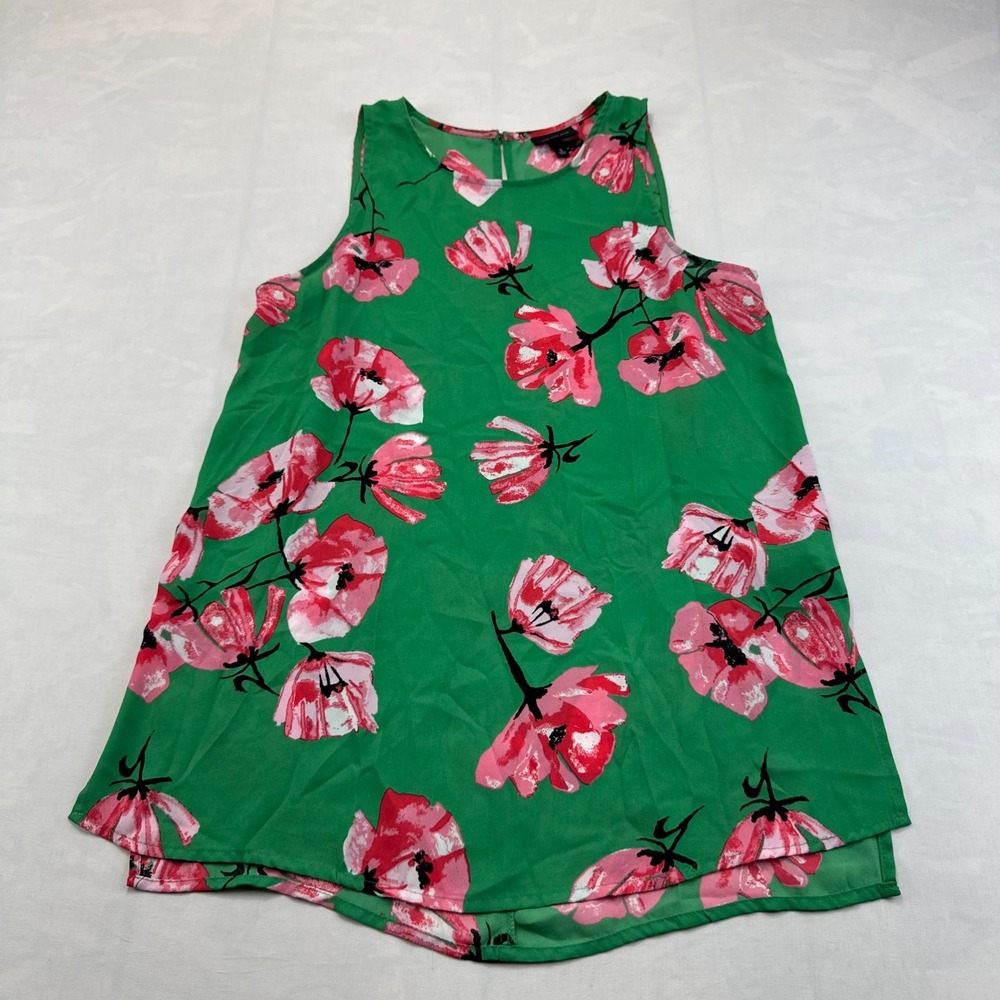 Who What Wear Tunic Tank Top Womens S Green Pink Floral Round Neck Keyhole Back